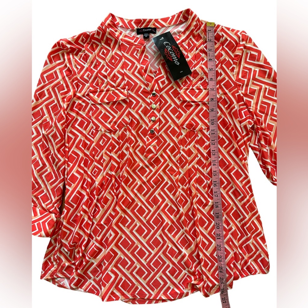 COCOMO XL Coral orange white 3/4 sleeve women’s Pintuck Blouse top shirt - Picture 13 of 15